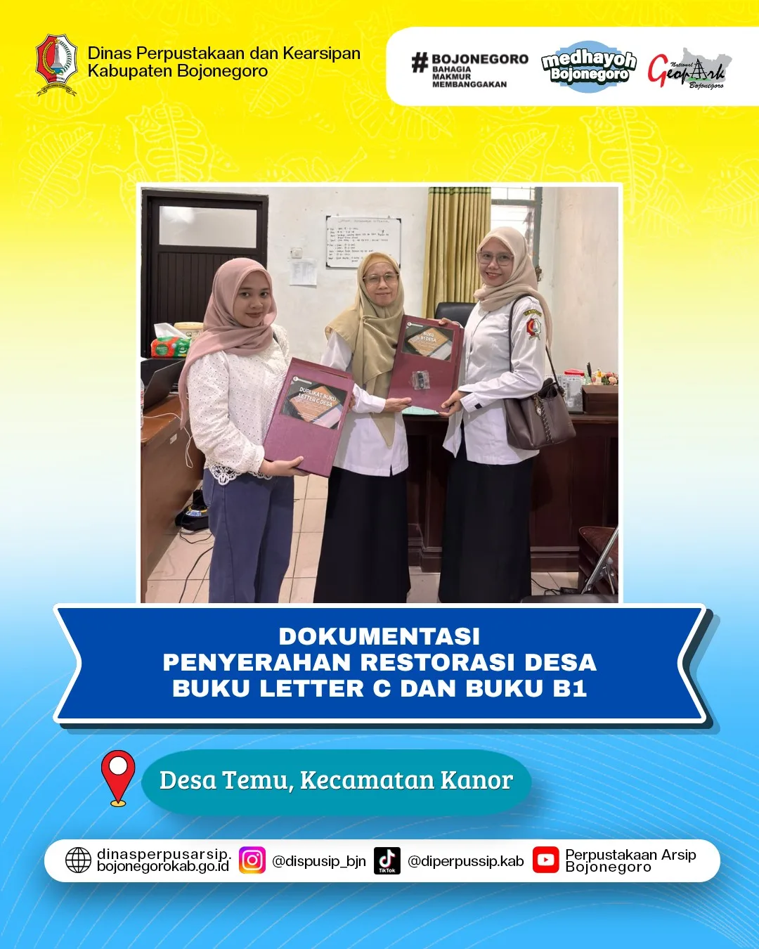 Dinas Perpustakaan dan Kearsipan Kabupaten Bojonegoro Menyerahkan Hasil Restorasi Buku Leter C dan B1 Desa Temu, Kecamatan Kanor