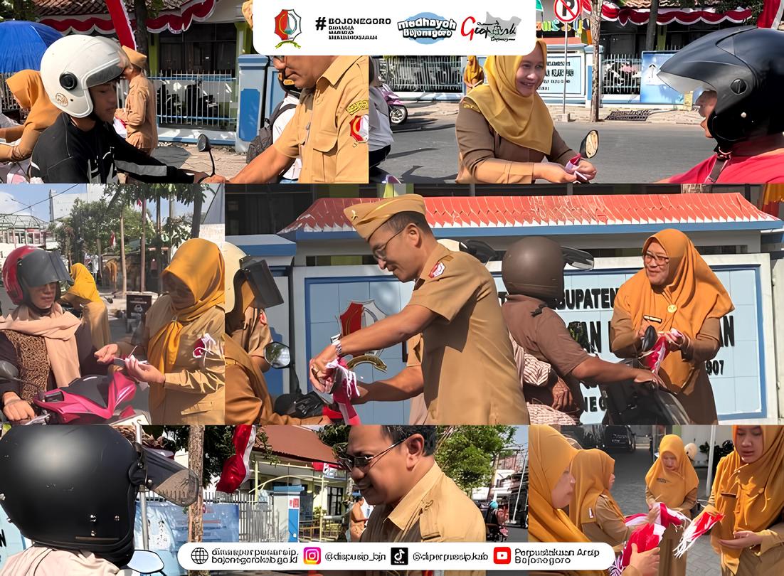 Sambut HUT Ke-81 RI, Disperpussip Bojonegoro Bagikan Bendera Merah Putih